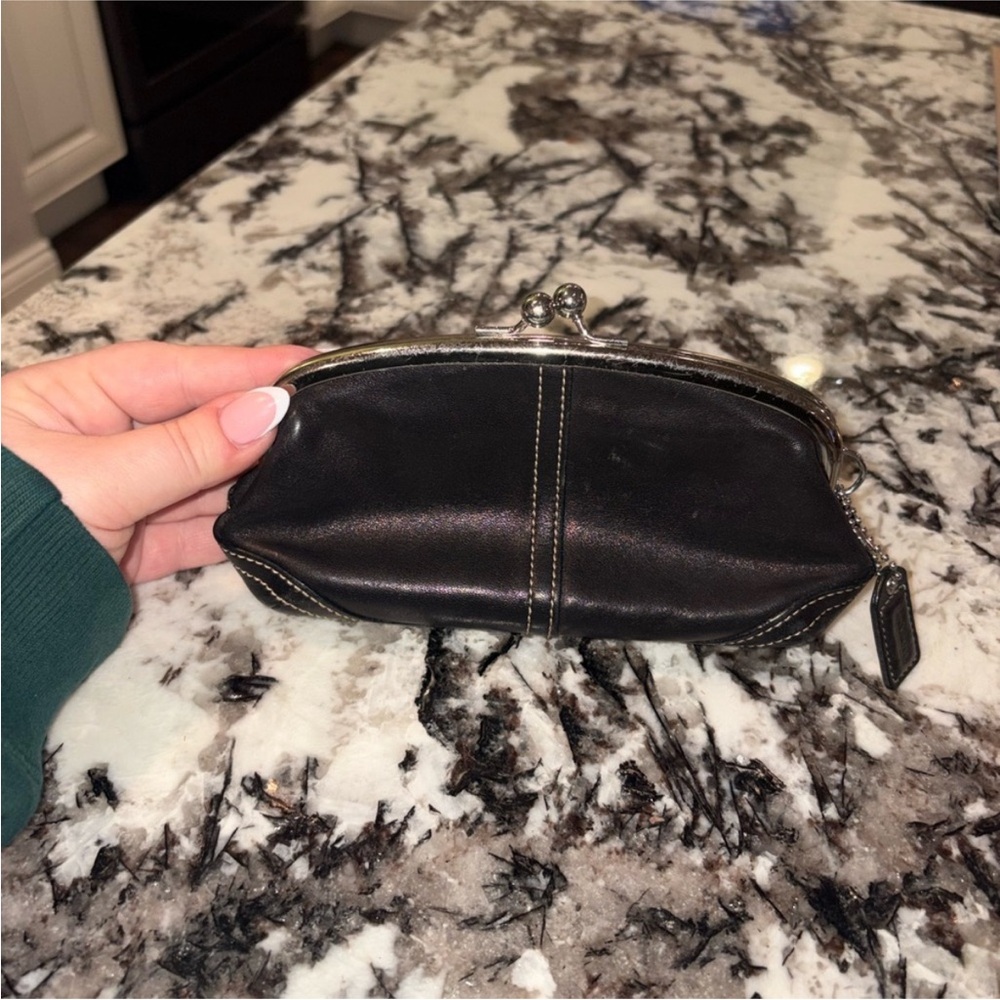 Coach Black Leather Kiss-Lock Wristlet Coin Purse